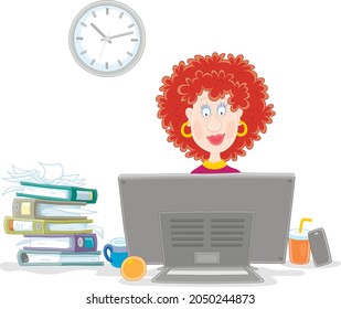 Smiling cute young curly woman sitting at a desk with documents in folders and working at a desktop computer in an office, vector cartoon illustration isolated on a white background