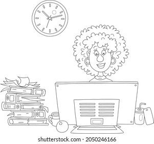 Smiling cute young curly woman sitting at a desk with documents in folders and working at a desktop computer in an office, black and white outline vector cartoon illustration