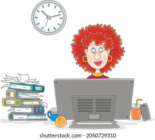 Smiling cute young curly woman sitting at a desk with documents in folders and working at a desktop computer in an office, vector cartoon illustration isolated on a white background