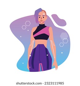 Smiling cyberpunk woman flat style, vector illustration isolated on white background. Decorative element for game design, futuristic character, technologies