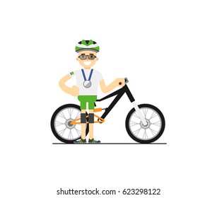 Smiling cyclist with mountain bike vector illustration isolated on white background. Sport competition concept, athlete personage in flat design.