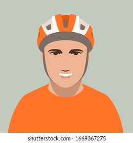 smiling cyclist in protective helmet, vector illustration, flat  style, front side