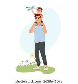Smiling dad carries his happy child on shoulders as he flies toy plane. Cute family moment on walk. Parenting, outdoor activity Flat cartoon scene for Father's Day greeting card, banner, print, poster