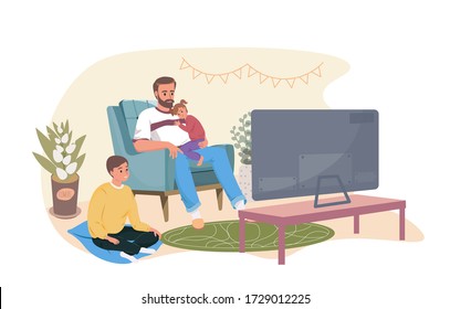 Smiling dad father spending time with kids at home. Happy loving family watching TV, cartoons. Leisure, care, trust and support between parents and children. Cute cartoon flat vector illustration.