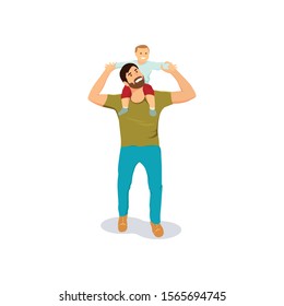 Smiling dad holding son. Joyful father playing with his little kid. Cute cartoon characters isolated on white background. Colorful vector illustration