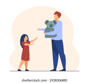 Smiling dad showing koala to daughter. Bear, toy, happiness flat vector illustration. Parenthood and animals concept for banner, website design or landing web page
