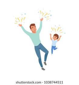 Smiling dad and son happily jumping, loving father and kid spending time together vector Illustration on a white background