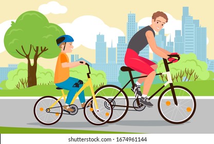 Smiling dad and son on a bike ride. Raising children, an illustration for Father's Day in cartoon style.