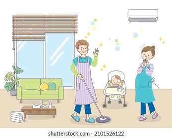 Smiling daddy doing housework by baby's side