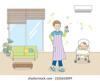 Lächelniger Papa, der im Haus auf der Seite des Babys sterilisiert