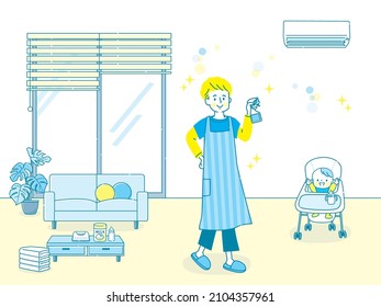 Smiling daddy sterilizing inside the house by baby's side
