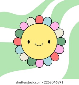Smiling daisy with colorful petals cartoon character. Groovy sticker in trendy retro style. Nostalgia for the 90s.