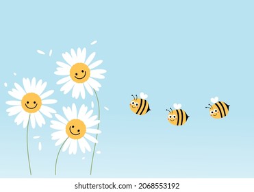 Caricaturas sonrientes de flores de margarita y abejas sobre la ilustración vectorial de fondo del cielo azul.