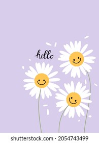 Smiling daisy flower and hand written font on pastel purple background vector illustration.