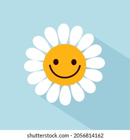 Smiling daisy flower on blue shadow background vector illustration. Positive vibes icon symbol.