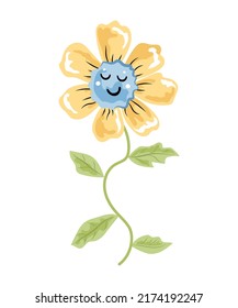 Smiling daisy flower is on white background. Good vibes. Mental health. Vector illustration.