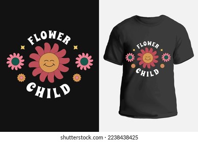 Smiling daisy print in nostalgic style and inscription flower child. Hippy vector illustration for a t-shirt.