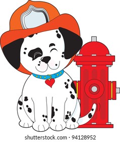 A smiling Dalmatian pup, sitting close by a red fire hydrant, is wearing a fireman's hat and wagging his tail happily.