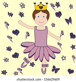 smiling dancer with purple tutu and background color yellow.