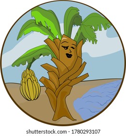 Smiling Dancing Banana Tree with Fruits by the Seaside