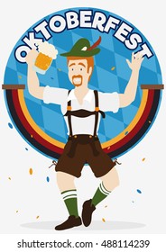 Smiling And Dancing Bavarian Man In Traditional Lederhosen And Clothes Celebrating The Oktoberfest With Confetti And Drink A Frothy Beer.