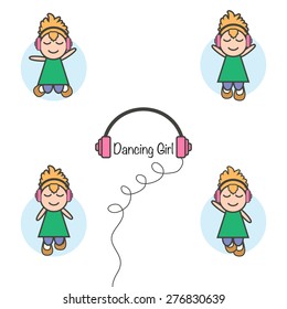 Smiling, dancing girl with headphone, vector illustration, icons, love to hear music