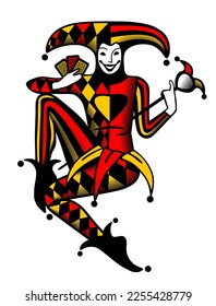 Smiling and dancing Joker with playing cards and stick in color engraving drawing style isolated on white. Vector illustration