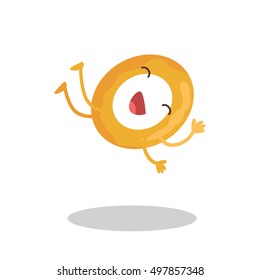 Smiling and dancing onion ring vector. Flat design. Funny cartoon of fast food dish. For restaurants menu illustrating, diet concepts, infigraphics. Fried light snack. Isolated on white background