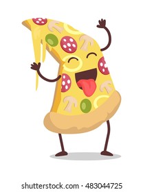 Smiling and dancing slice of pizza vector. Flat design. Funny cartoon of fast food dish. For restaurant menu illustrating, food concepts, diet infographics. Tasty classic snack. On white background