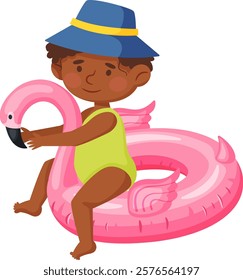 Smiling dark skinned child enjoying summer fun in a vibrant swimsuit and stylish sun hat, playing joyfully with a pink flamingo inflatable ring, capturing carefree vacation moments