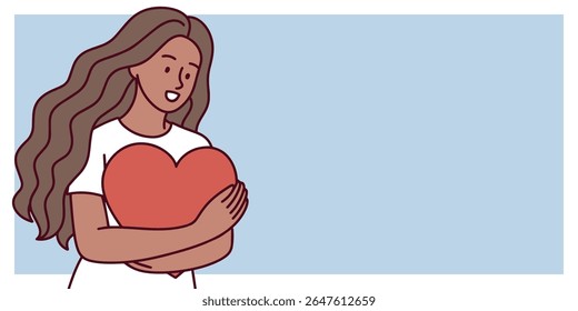 Smiling dark skinned woman hugging red heart, joyful and peaceful expression on soft blue background in flat style, banner, copy space