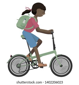 Smiling dark-skinned girl with dark hair, green backpack, pink t-shirt and blue shorts rides a bike. Cartoon character. Flat style isolated vector illustration.