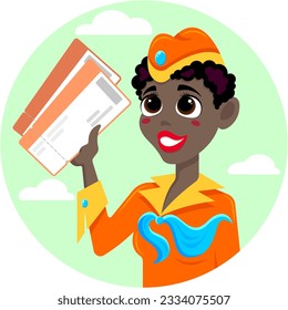 Smiling dark-skinned stewardess in orange uniform with air tickets in hand for avatar or icon