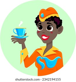 Smiling dark-skinned stewardess in orange uniform with a blue cup in her hand offers a hot drink