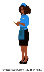 Smiling dark-skinned waitress takes the order. Waitress at work. Vector illustration, flat style. Isolated on white background