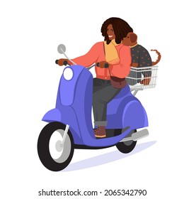 Smiling dark-skinned woman rides a scooter. A small dog is sitting in the basket. Girl is driving a moped. The concept of active lifestyle. Vector illustration in a flat style