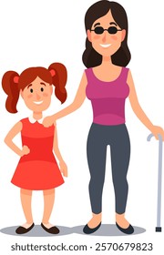 Smiling daughter holding hand on her blind mother s shoulder, supporting her while she s standing with walking cane, showing love, care and support within family