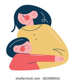 Smiling daughter hugging her young happy mother and feeling love