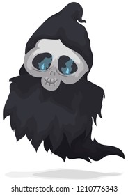 Smiling death floating, wearing dark and ragged robes, skull face and wildfire in its eyes.