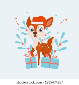 Smiling deer. Christmas deer with gifts and decorations. Small reindeer wearing a Santa hat. Christmas and New Year greeting illustration. Vector concept cartoon illustration.