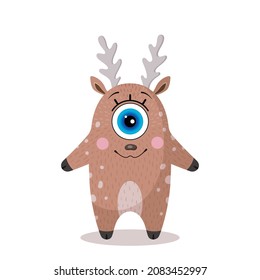 A smiling deer. A one-eyed character in a flat style. Isolated on a white background. Joy, happiness. Made in vector. For design, prints, decoration of T-shirts, covers, packages, souvenirs