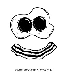 smiling delicious breakfast with fried eggs and bacon using doodle art