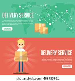 Smiling delivery boy with cardboard box on red background. Cardboard boxes on green background with world map. Delivery service website templates, vector illustration. Shipping and moving.