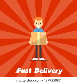 Smiling delivery boy with cardboard box isolated on striped red background. Fast delivery banner, vector illustration