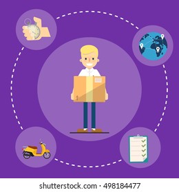 Smiling delivery boy with cardboard box isolated on perpl background. Fast delivery banner, vector illustration. Professional courier service. Shipping and moving.
