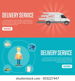 Smiling delivery boy with cardboard box on blue background. White delivery truck on red background. Delivery service website templates, vector illustration. Shipping and moving. Courier service.