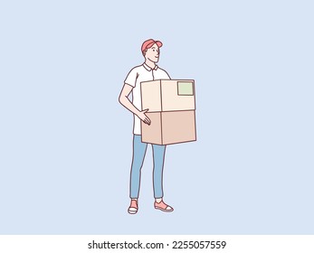 envío sonriente mensajero paquete de retención paquete paquete pila servicio de envío simple ilustración de estilo coreano
