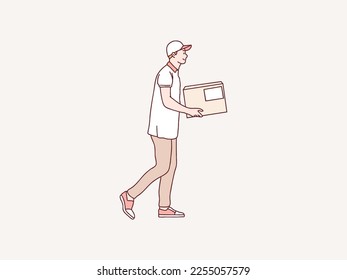 smiling delivery courier walking holding package parcel box shipping service simple korean style illustration