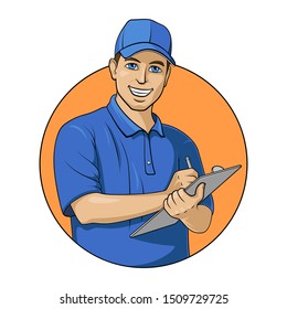 Smiling delivery man accepts the order for delivery. Vector illustration on white background