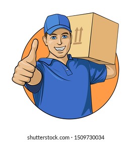 Smiling delivery man in blue uniform with box in hands shows Like. Vector illustration on white background